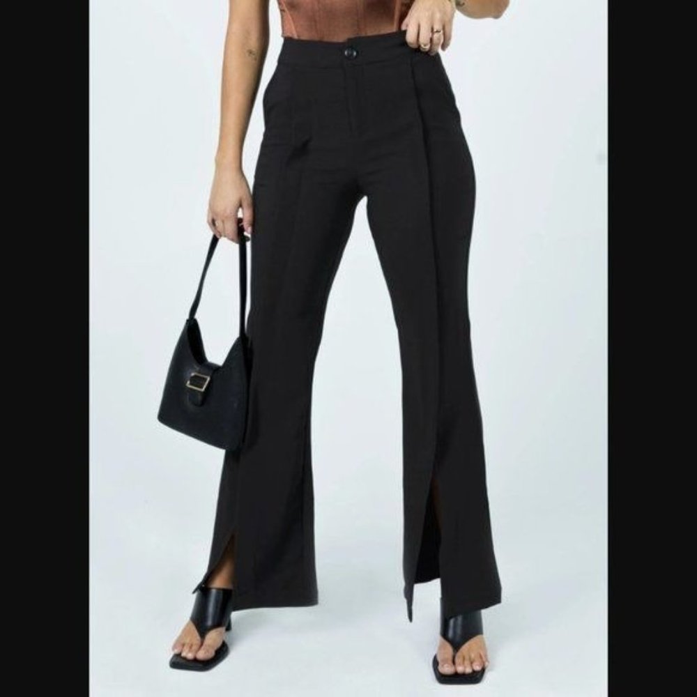 PRINCESS POLLY Kaylen Black High Rise Split Hem Flare Pants Trousers Womens 10